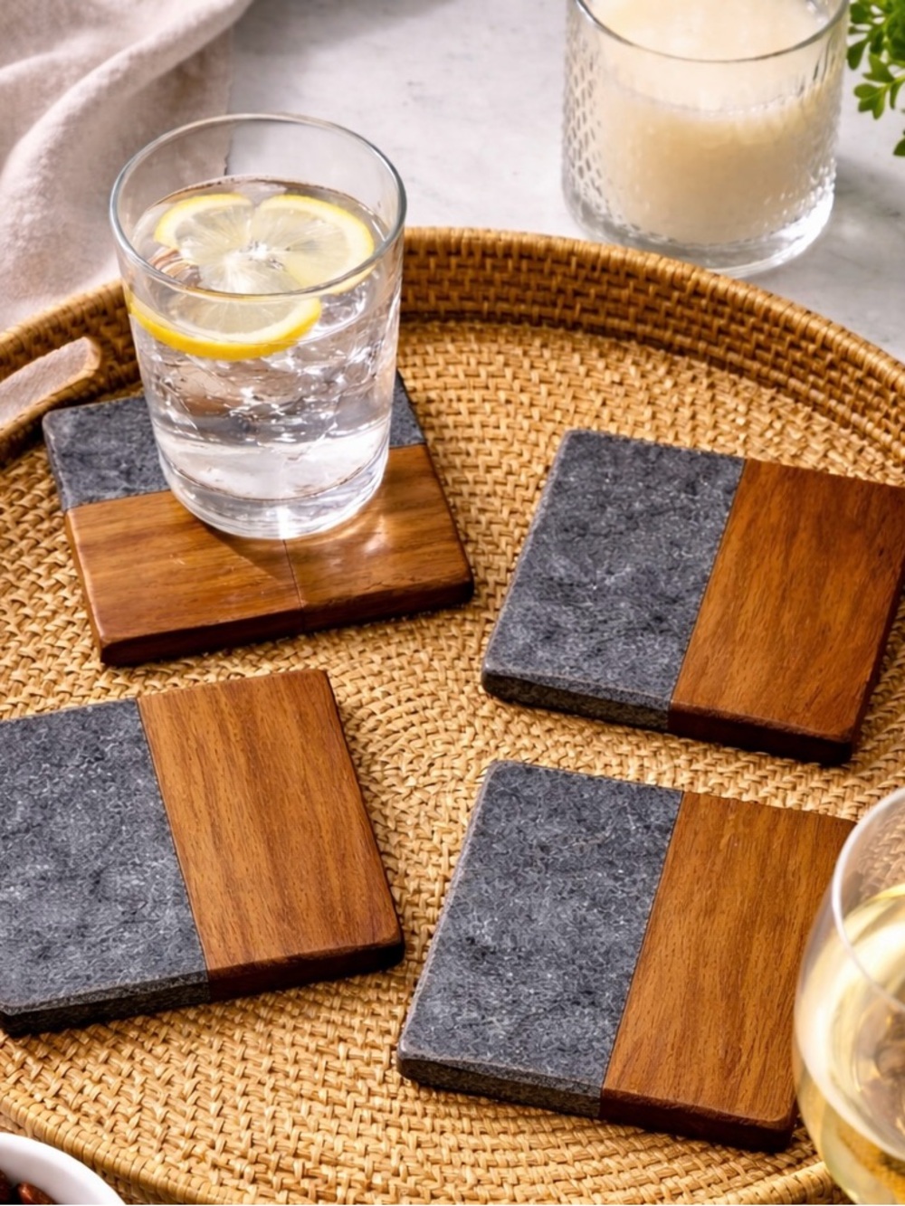 Wood and Slate Square Coasters - Gray and Brown